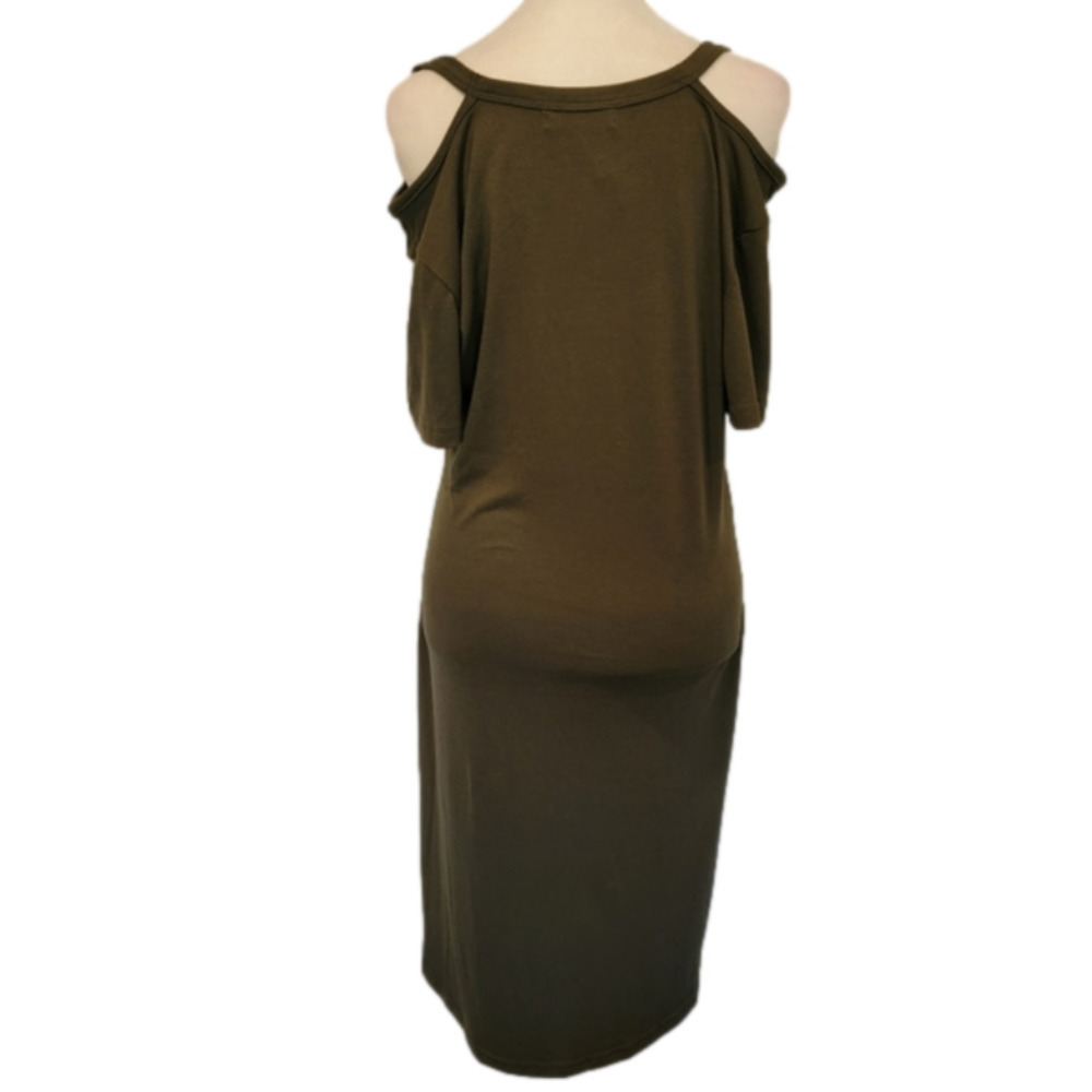 Berryou Cold Shoulder Army Green T-shirt Midi Dress with Ruched Hem Size L - Picture 5 of 12